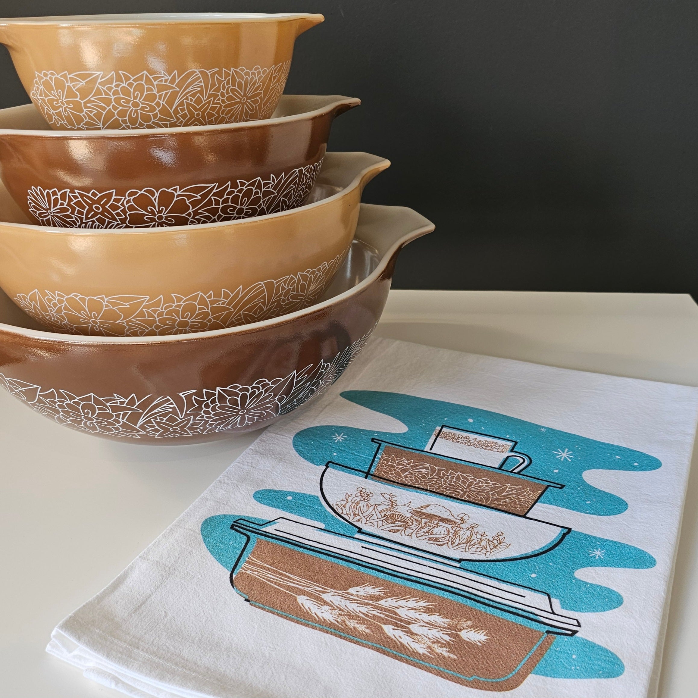 Pyrex Tea Towel - Forest Fancies Bowl Stack | JoRetro Vintage Market