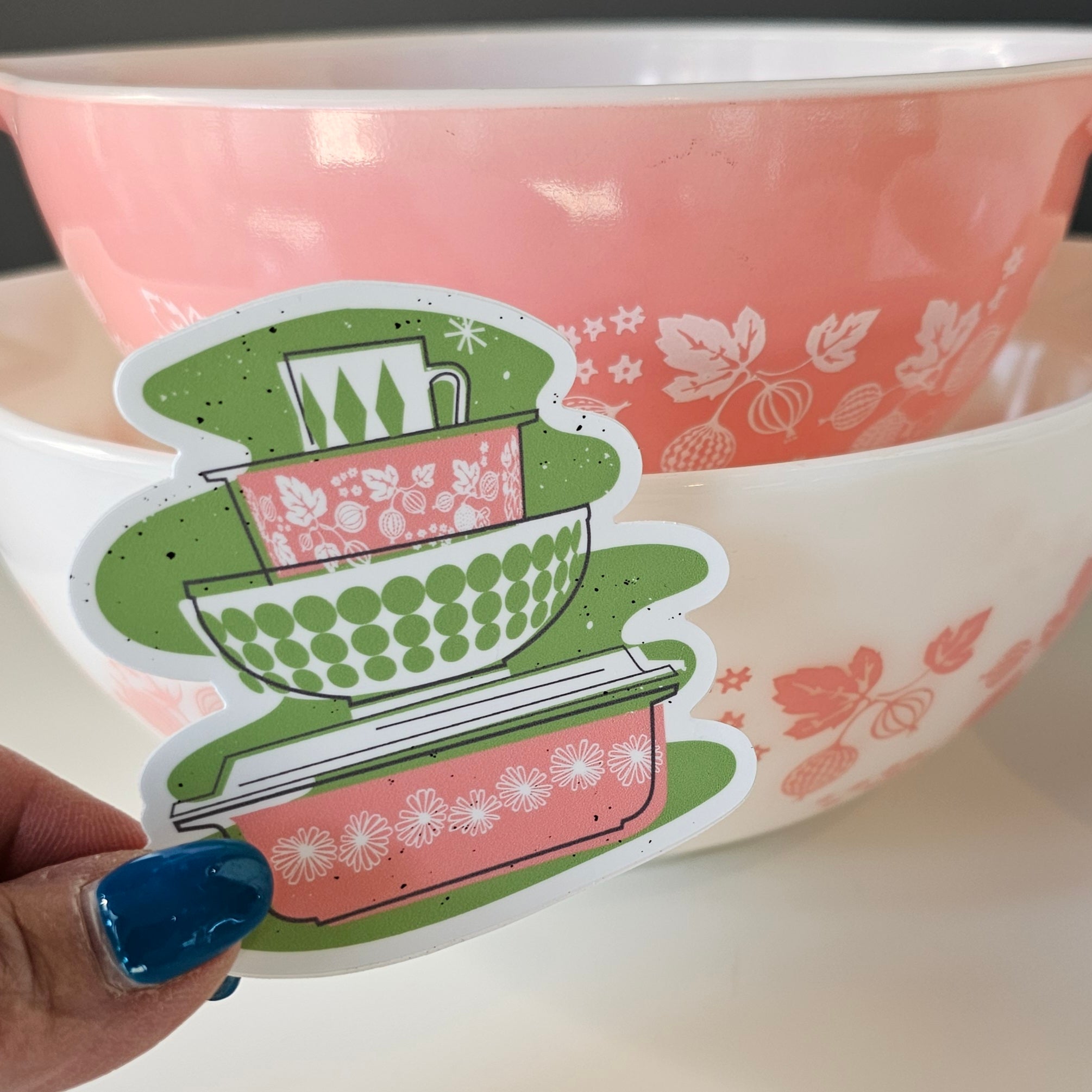 Pyrex Sticker/Magnet - Pink Daisy Bowl Stack | JoRetro Vintage Market