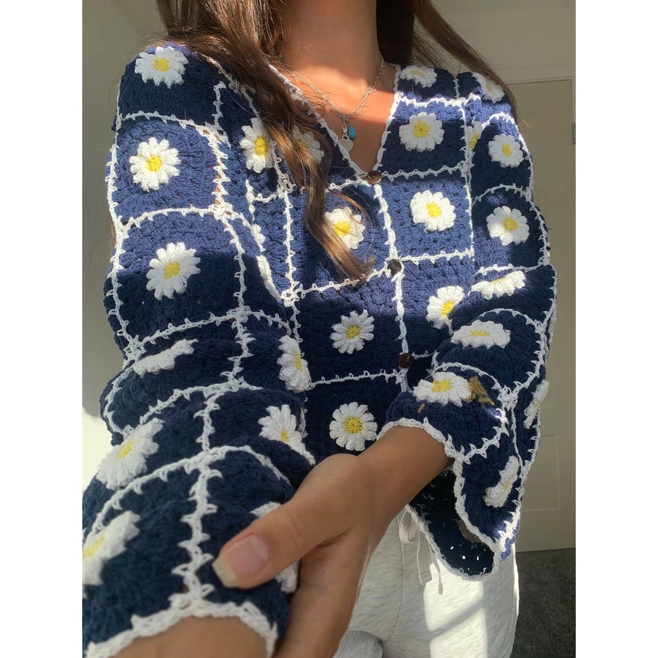 Navy Lazy Daisy Crochet Cardigan JoRetro Vintage Market