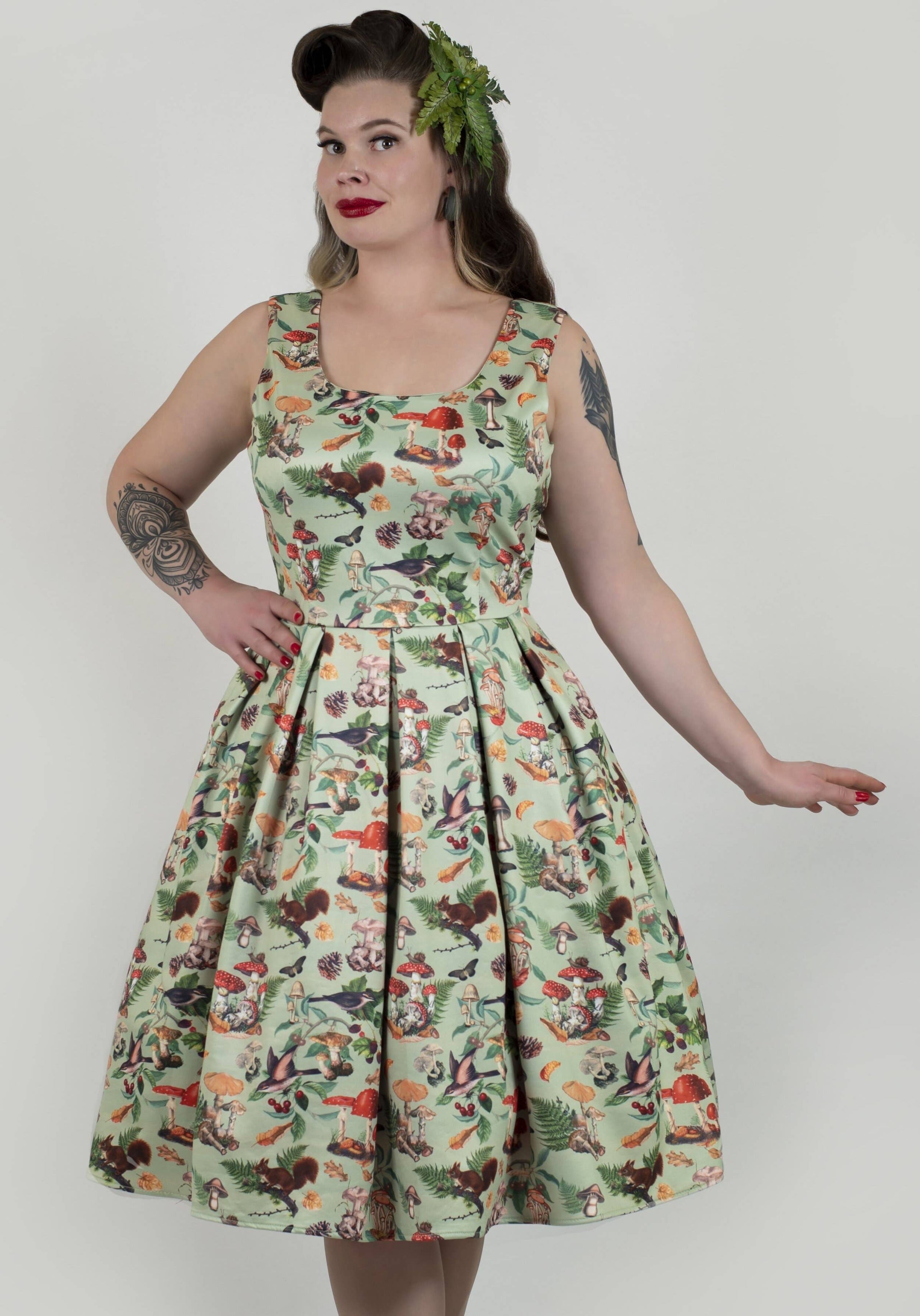 Mushroom and Forest Scoop Neck Swing Dress JoRetro Vintage Market
