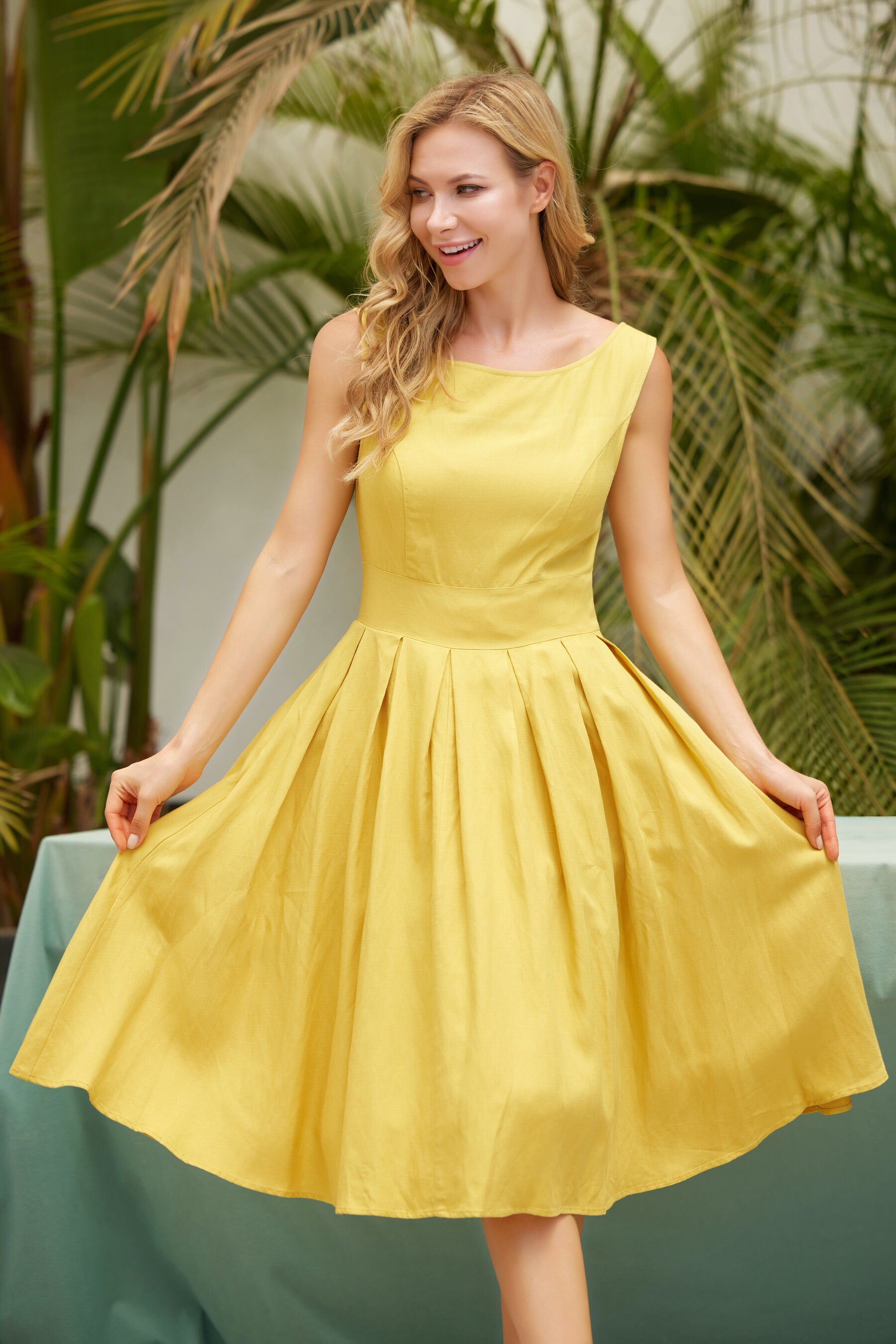 Yellow fit and clearance flare dress