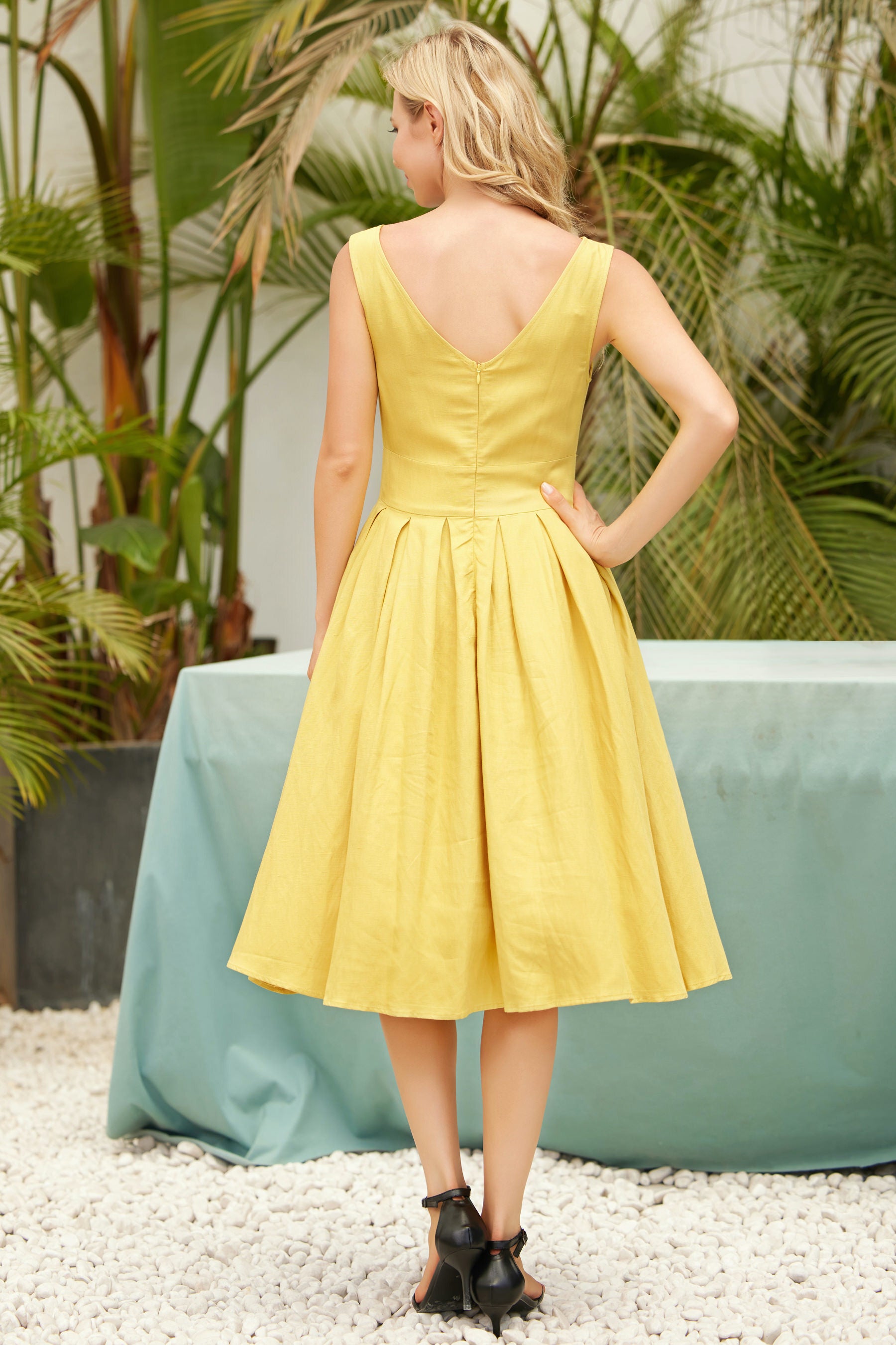 Yellow Fit Flare Dress with Pockets